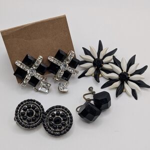 4 Pairs of Mid-century Clip and Screw Back Black Vintage Earrings